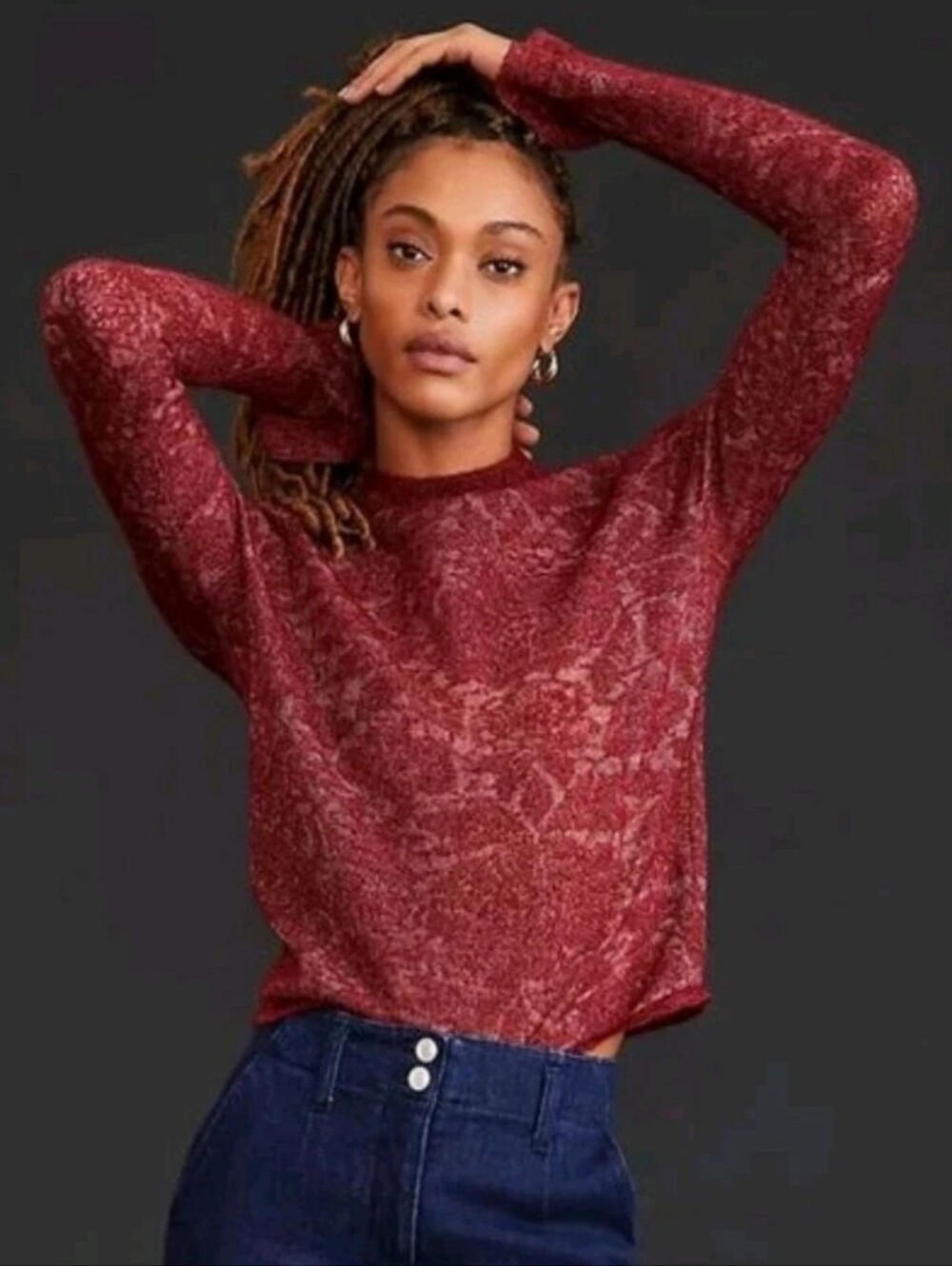 Anthropologie Burgundy Burnout Floral Bell Sleeve Sweater
